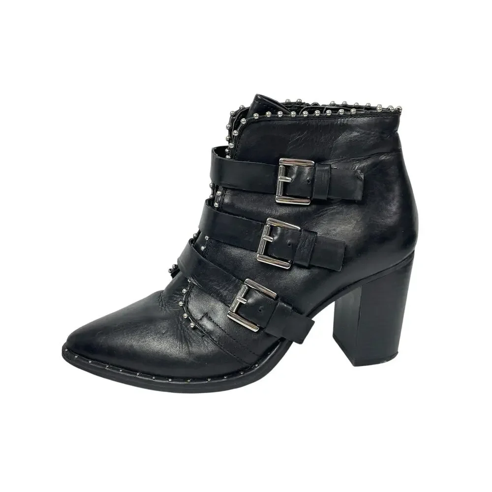 Steve Madden Humble Womens Black Pearl Buckle Straps Pointed Toe Ankle Boots 8.5